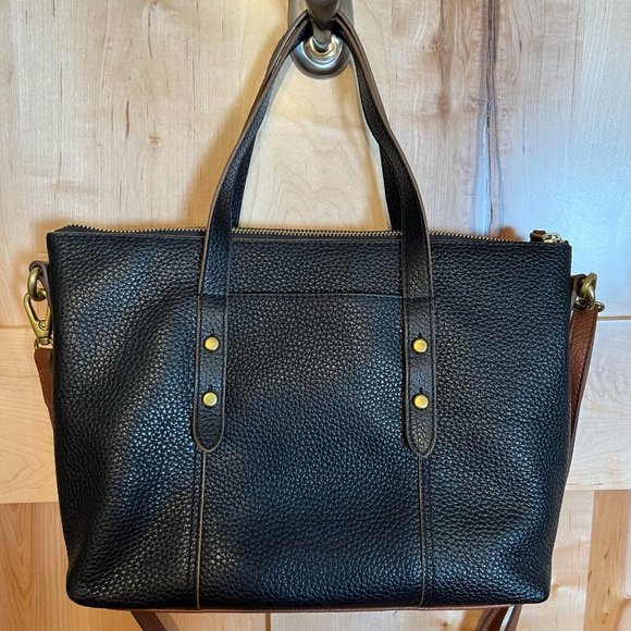 FOSSIL Jenna Satchel Crossbody Bag Black Brown Pebble Leather Adj Strap - Picture 1 of 10